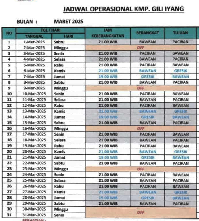 Jadwal kapal KMP Giliiyang Bawean Maret 2025